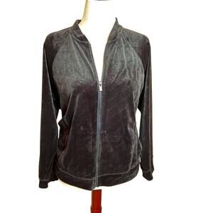 DKNY Sport full zip jacket Black Velour logo print with pockets Sz Lrg